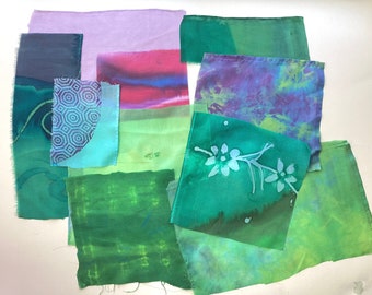 Hand Dyed Silk De-stash, Green, Purples, Pink #1, Painted, Dyes, Printed Silks