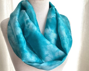 Hand Dyed Silk Infinity Scarf - Soft Teal, White, Shibori - 11 x 76 inches