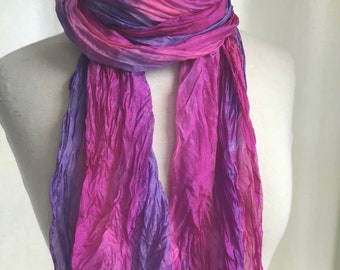 Boho Wrinkled Silk Scarf, Hand Dyed Silk Travel Scarf - Pink, Purple, Fuchsia - 17 x 85"