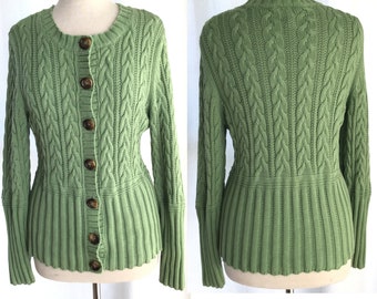 Vintage Cotton Cable Cardigan Sweater - Green - Size S-M