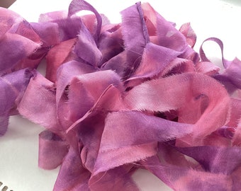 Recycled Torn Silk Ribbon, Hand Dyed frayed ribbon, De-stash Silk, Rose and Purple by the meter