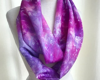 Hand Dyed Silk Infinity Scarf -Lavender, Raspberry, Grape, White - 11 x 76 inches