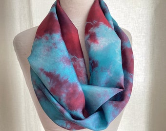 Hand Dyed Silk Infinity Scarf - Turquoise, Teal, Burgundy, Wine  -11 x 76 inches