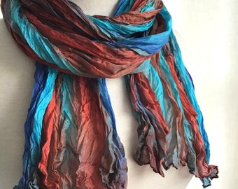 Boho Wrinkled Silk Scarf, Hand Dyed Silk Travel Scarf - Turquoise, Terracotta, Blue - 17 x 85"