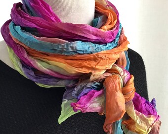 Boho Wrinkled Silk Scarf, Hand Dyed Silk Travel Scarf - Rainbow - Lemon, Purple, Orange, Turquoise, Fuchsia - 17x85"