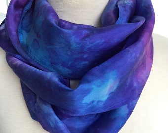 Hand Dyed Silk Infinity Scarf -Turquoise, Purple, Blue, Berry - 11 x 76 inches