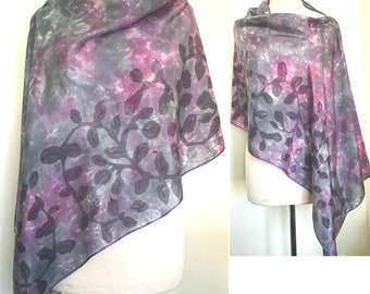 Silk Poncho, Hand Dyed Shawl, Wedding Wrap, Scarf,  Pink & Gray with Leaf Block Print- 22 x 72"