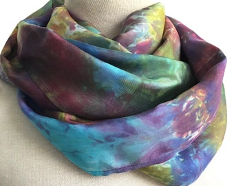 Hand Dyed Silk Infinity Scarf - Multicolor Mix- Turquoise, Purple, Burgundy, Gold, Olive Green - 11 x 76 inches