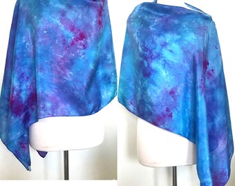 Silk Poncho, Hand Dyed Shawl, Shrug or Scarf, Blue Turquoise Fuchsia - 22 x 72"
