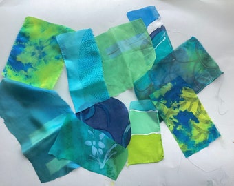 Hand Dyed silk De-stash Greens and Blues #3, Dyed, Printed, Painted