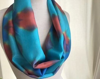 Hand Dyed Silk Infinity Scarf - Turquoise, Blue, Terracotta  -11 x 76 inches