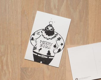 Papá Noel tatuado – Postal original en linograbado – Obra de arte hecha a mano