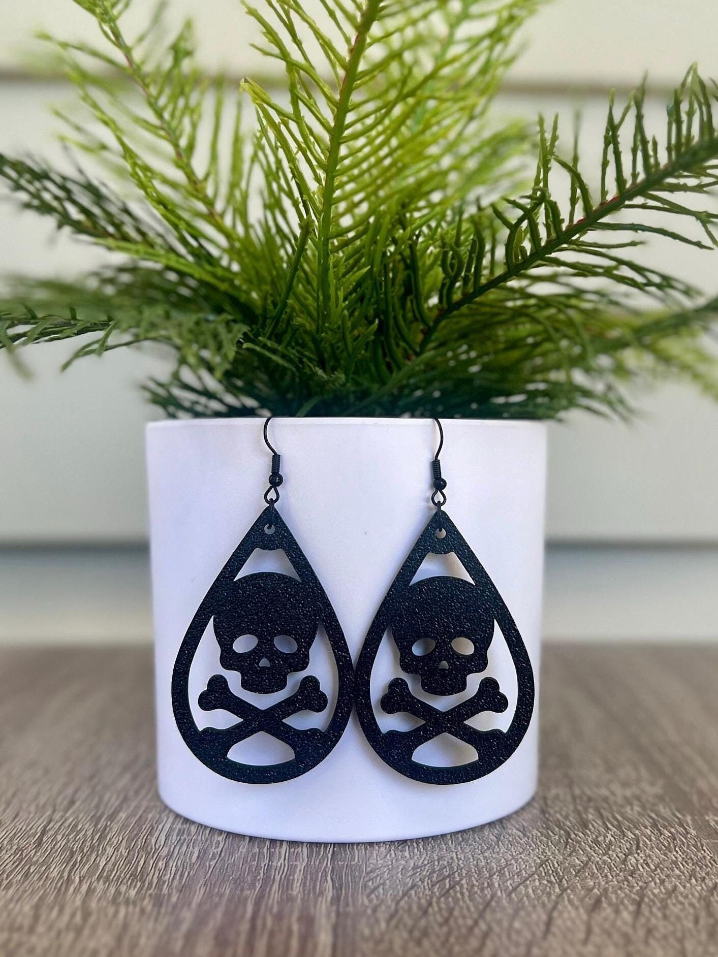 3D Printed Skull and Crossbones Earrings: Gothic Teardrop PLA