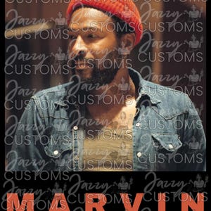 May include: A portrait of a man wearing a red beanie and denim shirt. The name "MARVIN" is displayed in orange block letters at the bottom. The background is black with the words "Jazzy CUSTOMS" repeated.