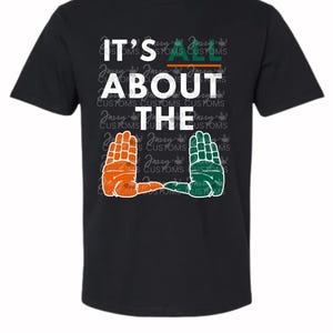 Può includere: T-shirt nera con la scritta bianca "IT'S ABOUT THE". Il design include grafiche di mani arancioni e verdi, e le parole "Jazzy Customs" sono ripetute sullo sfondo.
