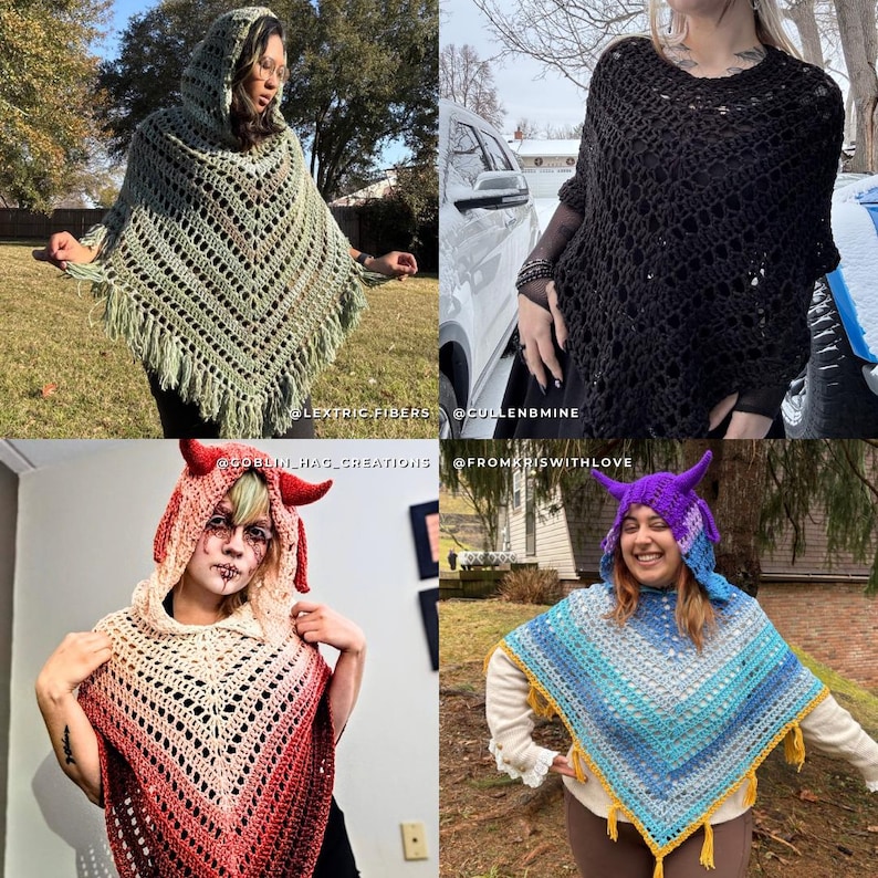 May include: A collection of four crochet ponchos featuring various designs. One is sage green with a hood and fringe, one is black with an open-knit pattern, one is a red-to-cream gradient with horns, and one is a blue-to-white gradient with horns.