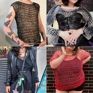 May include: A collection of four images displaying handmade crochet tops. The tops are in various colours, such as black, red, and white, and have open, net-like patterns. The styles vary from sleeveless to long-sleeved, with different necklines and fits. Social media handles are visible.