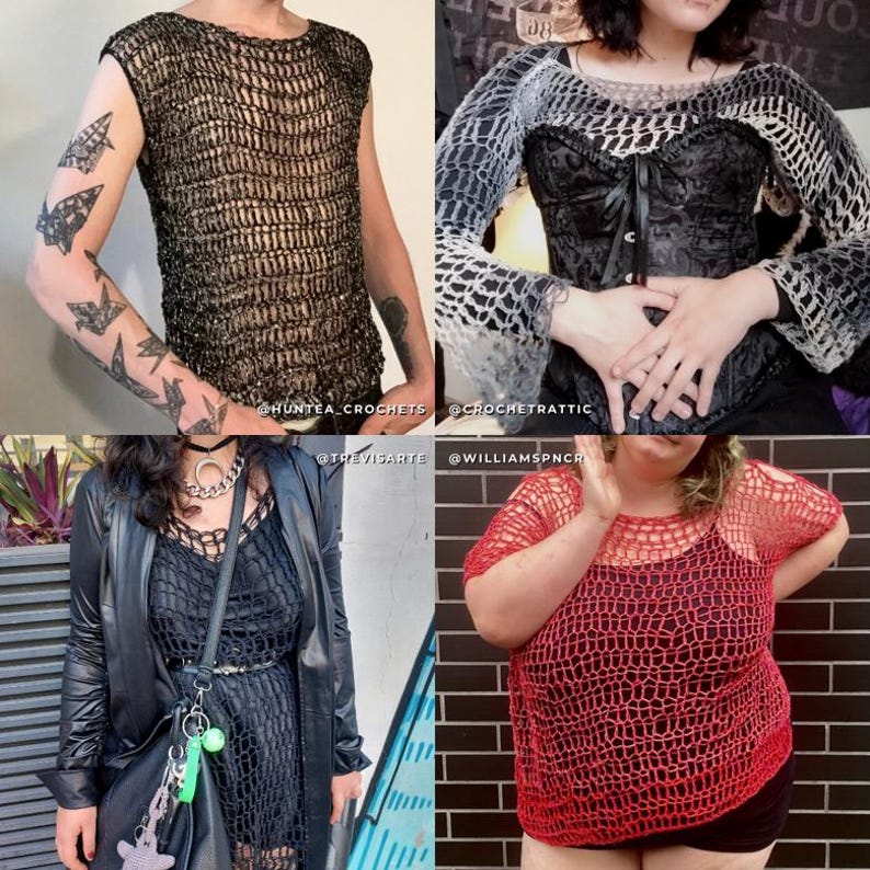 May include: A collection of four images displaying handmade crochet tops. The tops are in various colours, such as black, red, and white, and have open, net-like patterns. The styles vary from sleeveless to long-sleeved, with different necklines and fits. Social media handles are visible.