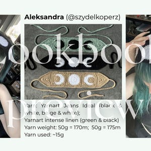 K&ouml;nnte beinhalten: Eine Lookbook-Vorschau mit drei geh&auml;kelten Stirnb&auml;ndern in Schwarz, Beige und Gr&uuml;n, jedes mit einem Halbmond-Design. Der Text "Lookbook Preview" ist &uuml;ber dem Bild, zusammen mit dem Namen des Erstellers und den Garndetails.