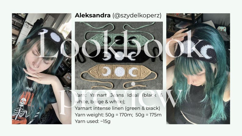 K&ouml;nnte beinhalten: Eine Lookbook-Vorschau mit drei geh&auml;kelten Stirnb&auml;ndern in Schwarz, Beige und Gr&uuml;n, jedes mit einem Halbmond-Design. Der Text "Lookbook Preview" ist &uuml;ber dem Bild, zusammen mit dem Namen des Erstellers und den Garndetails.
