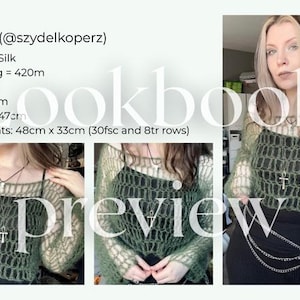 May include: A green crochet top with long sleeves and a matching crop top. The top is made with Drops Kid Silk yarn. The top measures 48cm by 33cm. The image also includes the text "cookbook preview".