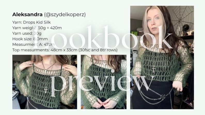 May include: A green crochet top with long sleeves and a matching crop top. The top is made with Drops Kid Silk yarn. The top measures 48cm by 33cm. The image also includes the text "cookbook preview".