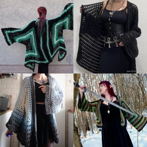Four photos of different crochet cardigans: big flowy one in black, light & dark green, more fitted all black version worn with corset and ankh necklace,ombre colors from white to blue to grey, last one in black, green and brown posed with sword