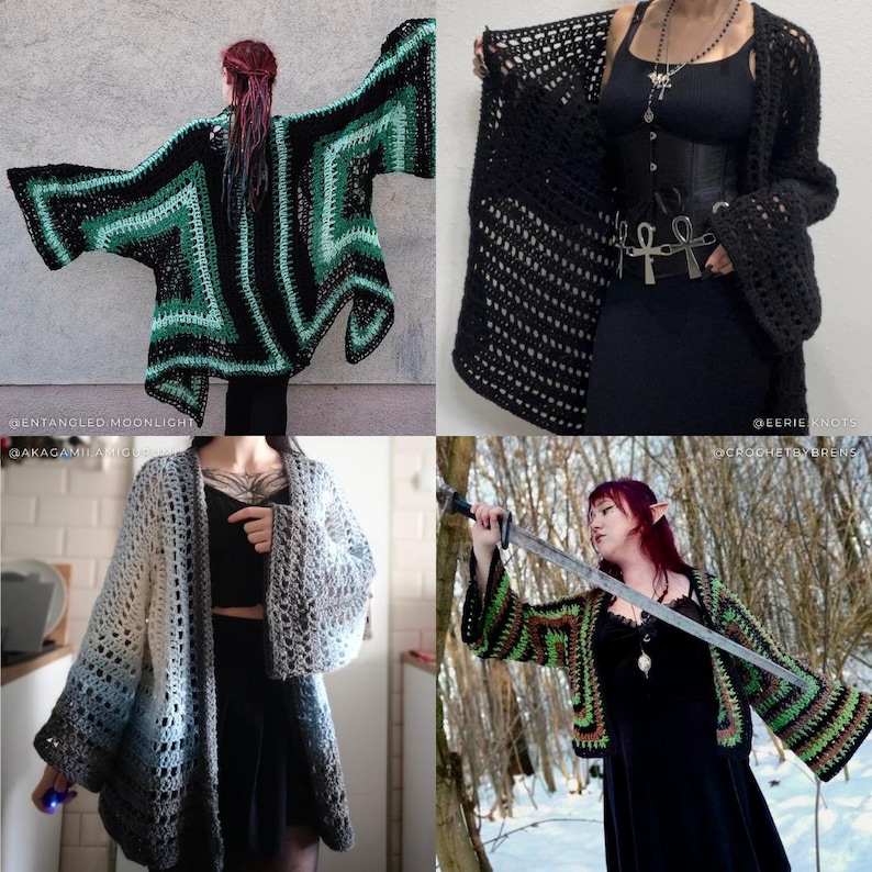 Four photos of different crochet cardigans: big flowy one in black, light & dark green, more fitted all black version worn with corset and ankh necklace,ombre colors from white to blue to grey, last one in black, green and brown posed with sword
