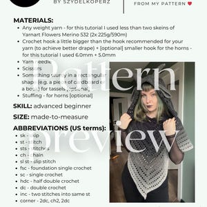 May include: A digital crochet pattern document titled Nocturne poncho crochet pattern by SZYDELKOPERZ. It includes a materials list, skill level, abbreviations, and a photograph of a person wearing a gray hooded poncho with horn-like details.