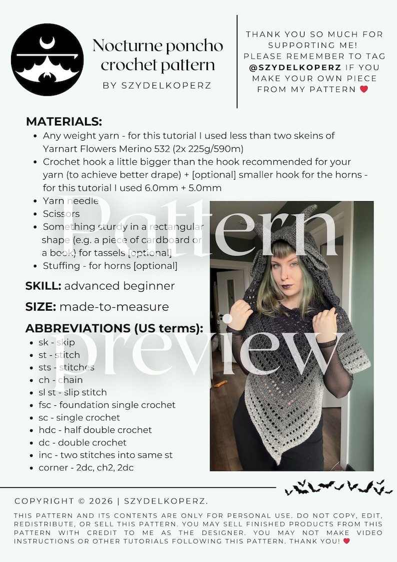 May include: A digital crochet pattern document titled Nocturne poncho crochet pattern by SZYDELKOPERZ. It includes a materials list, skill level, abbreviations, and a photograph of a person wearing a gray hooded poncho with horn-like details.
