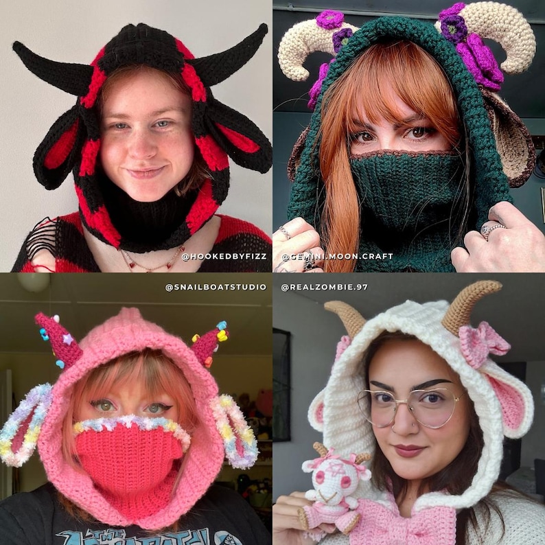 May include: Four crochet goat-themed hoods in various colors. One is black and red, another is green with purple accents, a third is pink with rainbow details, and the last is white and pink.