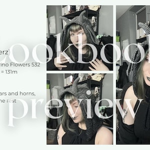 May include: A gray crocheted hood with horn-like details, worn by a person. The hood is part of a lookbook preview. The text on the image includes the creator's name, yarn details, hook size, and version.