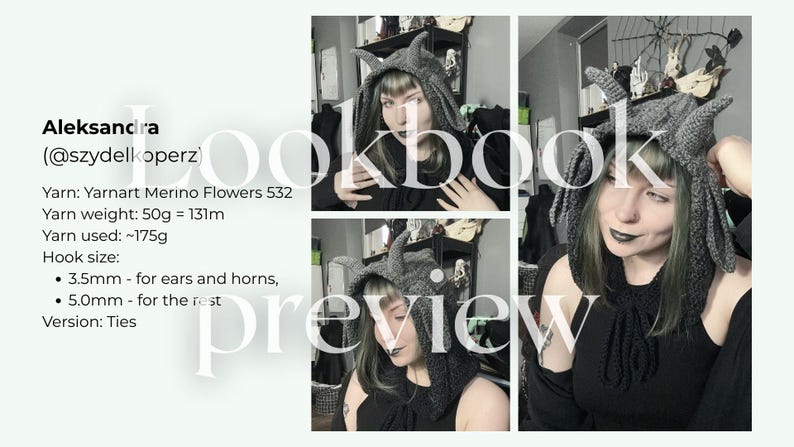 May include: A gray crocheted hood with horn-like details, worn by a person. The hood is part of a lookbook preview. The text on the image includes the creator's name, yarn details, hook size, and version.