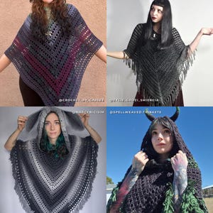 May include: A collage of four crochet ponchos. Top left: a purple and grey gradient poncho. Top right: a black fringed poncho. Bottom left: a grey gradient poncho with large rabbit-style hood ears. Bottom right: a black poncho with green horns.