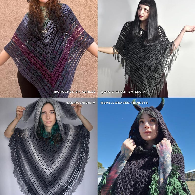 May include: A collage of four crochet ponchos. Top left: a purple and grey gradient poncho. Top right: a black fringed poncho. Bottom left: a grey gradient poncho with large rabbit-style hood ears. Bottom right: a black poncho with green horns.