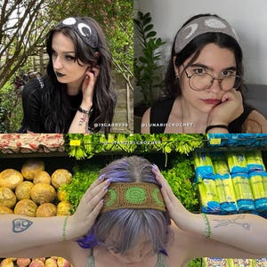 K&ouml;nnte beinhalten: Geh&auml;kelte Stirnb&auml;nder in verschiedenen Designs. Ein Stirnband ist grau mit wei&szlig;en Halbmondformen. Ein anderes ist braun mit gr&uuml;nen kreisf&ouml;rmigen Mustern. Die Stirnb&auml;nder werden an Personen mit dunklen und lila Haaren gezeigt.