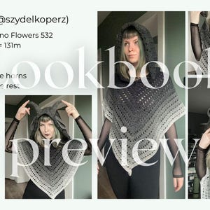 May include: A crochet hooded poncho featuring a dark gray to light gray gradient pattern. The garment includes two prominent, curved horns attached to the hood. Text on the image includes details such as Aleksandra, Yarnart Merino Flowers 532, 50g, 131m, 300g, 5.0mm, 6.0mm, 78cm width, 58cm length, 76 sts, 27 rounds, and blocked no.