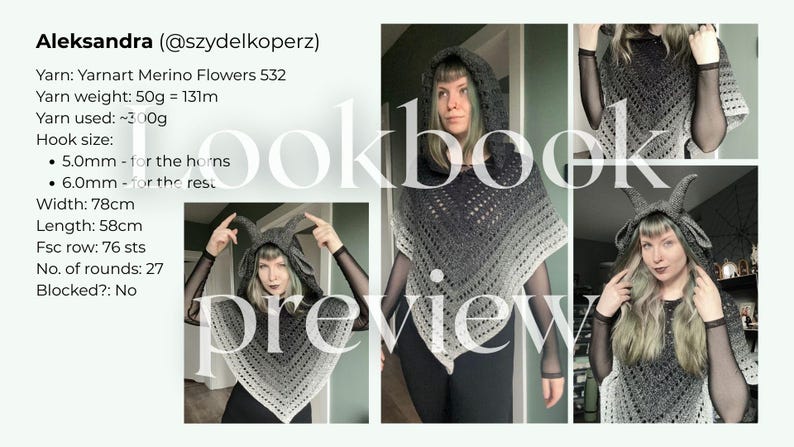 May include: A crochet hooded poncho featuring a dark gray to light gray gradient pattern. The garment includes two prominent, curved horns attached to the hood. Text on the image includes details such as Aleksandra, Yarnart Merino Flowers 532, 50g, 131m, 300g, 5.0mm, 6.0mm, 78cm width, 58cm length, 76 sts, 27 rounds, and blocked no.