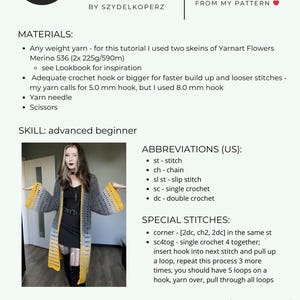 May include: The image displays a crochet pattern for "The Nocturne" cardigan. The pattern includes materials, abbreviations, and special stitches. The cardigan is gray with yellow accents. The skill level is advanced beginner.