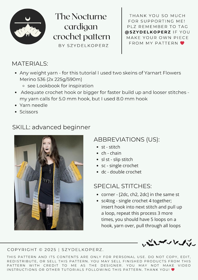 May include: The image displays a crochet pattern for "The Nocturne" cardigan. The pattern includes materials, abbreviations, and special stitches. The cardigan is gray with yellow accents. The skill level is advanced beginner.