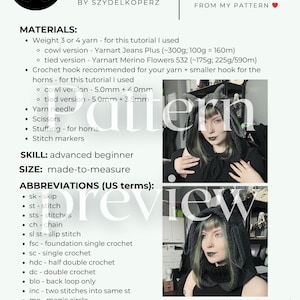 May include: A crochet pattern for a goat hood, featuring a black and white design. The image includes a list of materials, abbreviations, and a preview of the finished product. The text reads "Goat hood crochet pattern by SZYDELKOPERZ."