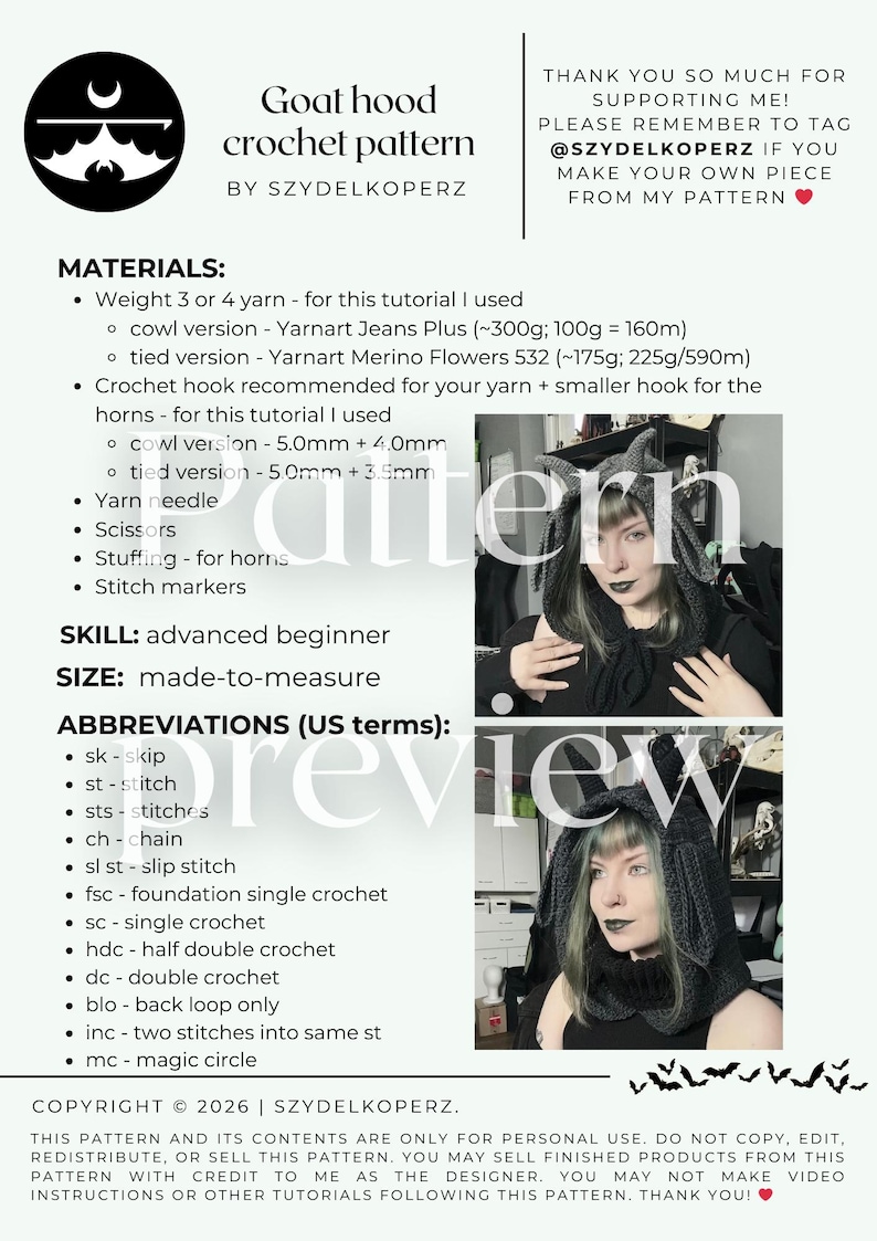 May include: A crochet pattern for a goat hood, featuring a black and white design. The image includes a list of materials, abbreviations, and a preview of the finished product. The text reads "Goat hood crochet pattern by SZYDELKOPERZ."
