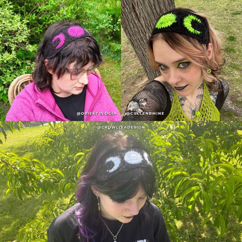 K&ouml;nnte beinhalten: Drei H&auml;kelstirnb&auml;nder mit Mond-Designs. Die Stirnb&auml;nder sind schwarz mit rosa, neongr&uuml;nen und wei&szlig;en Akzenten. Das Bild enth&auml;lt den Text "@OBIEKTOLOGIA", "@CULLENBMINE" und "@CROWLIVADESIGN".