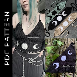 May include: A black crochet crop top featuring a white moon phase design across the midsection, paired with a silver pentagram chain belt. The image includes text reading PDF PATTERN and @szydelkoperz, showcasing various moon phase crochet items.
