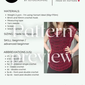 May include: A crochet pattern for the Misty Top, showcasing a red open-weave top. The pattern details materials, sizing, skill level, and abbreviations. The pattern is by SZYDELKOPERZ.