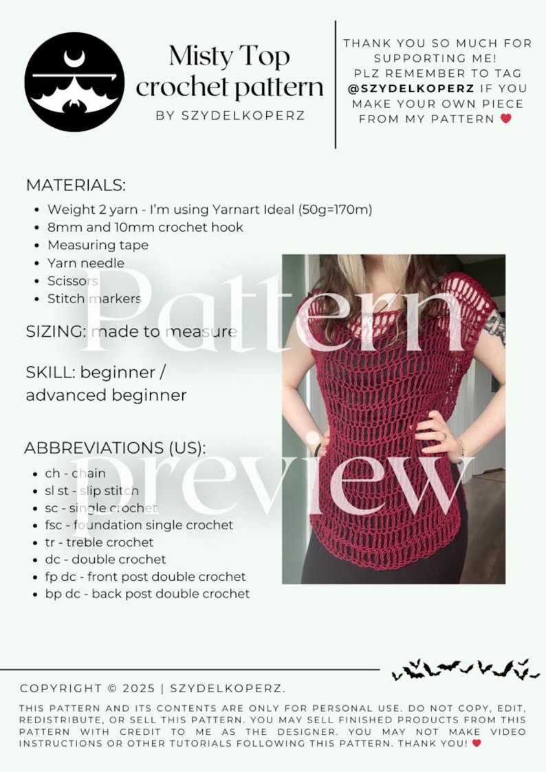 May include: A crochet pattern for the Misty Top, showcasing a red open-weave top. The pattern details materials, sizing, skill level, and abbreviations. The pattern is by SZYDELKOPERZ.