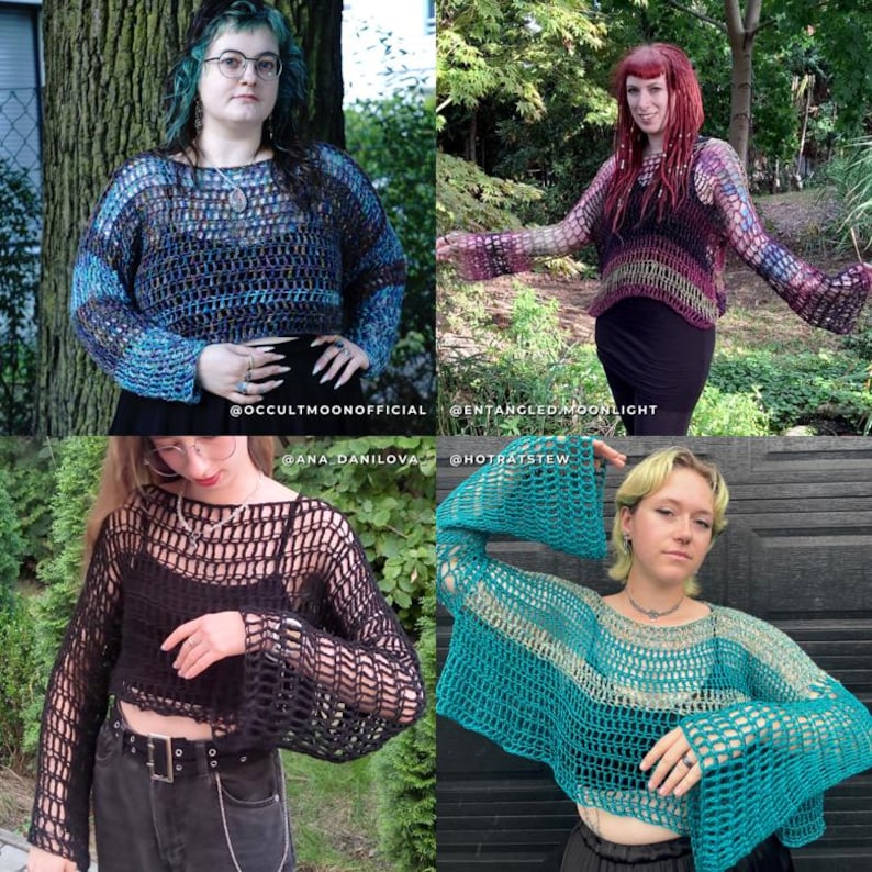 May include: Four images displaying handmade crochet tops. The tops have open, net-like patterns with bell sleeves. Colours include blue, black, teal, and a mix of purple and pink. The tops are worn by different people, with the shop names @occultmoonofficial, @entangledmoonlight, @ana_danilova, and @hotratstew.