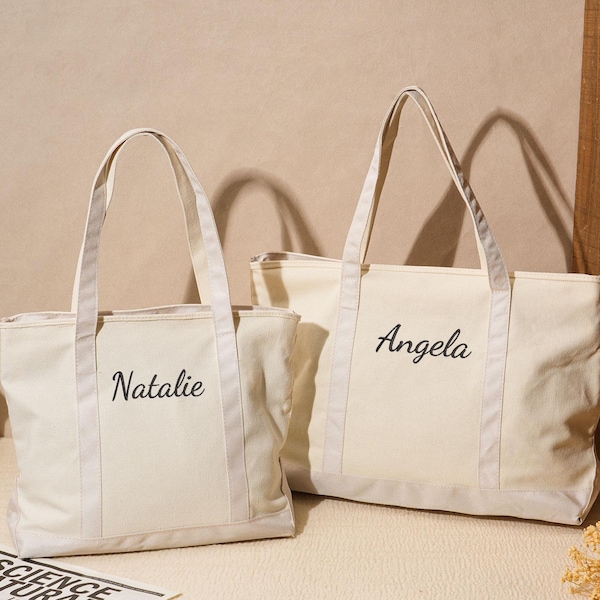 Bestickte Canvas-Einkaufstasche, Brautjungfer Geschenke, Strandhandtaschen, Benutzerdefinierter Text Tote, Bachelorette Geschenke, Schultasche, Wochenende Tote
