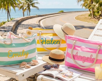 Personalized Beach Tote Bag, Large Waterproof Pool Bag, Canvas Tote With Name, Bridesmaid Gift Bag, Bachelorette Girl Trip Favor, Summer Bag