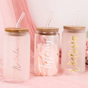 Custom Glass Tumbler With Straw, Personalized Frosted Glass Tumbler, Bamboo Lid Iced Coffee Mug, Bridesmaid Proposal,Bachelorette Party Gift
